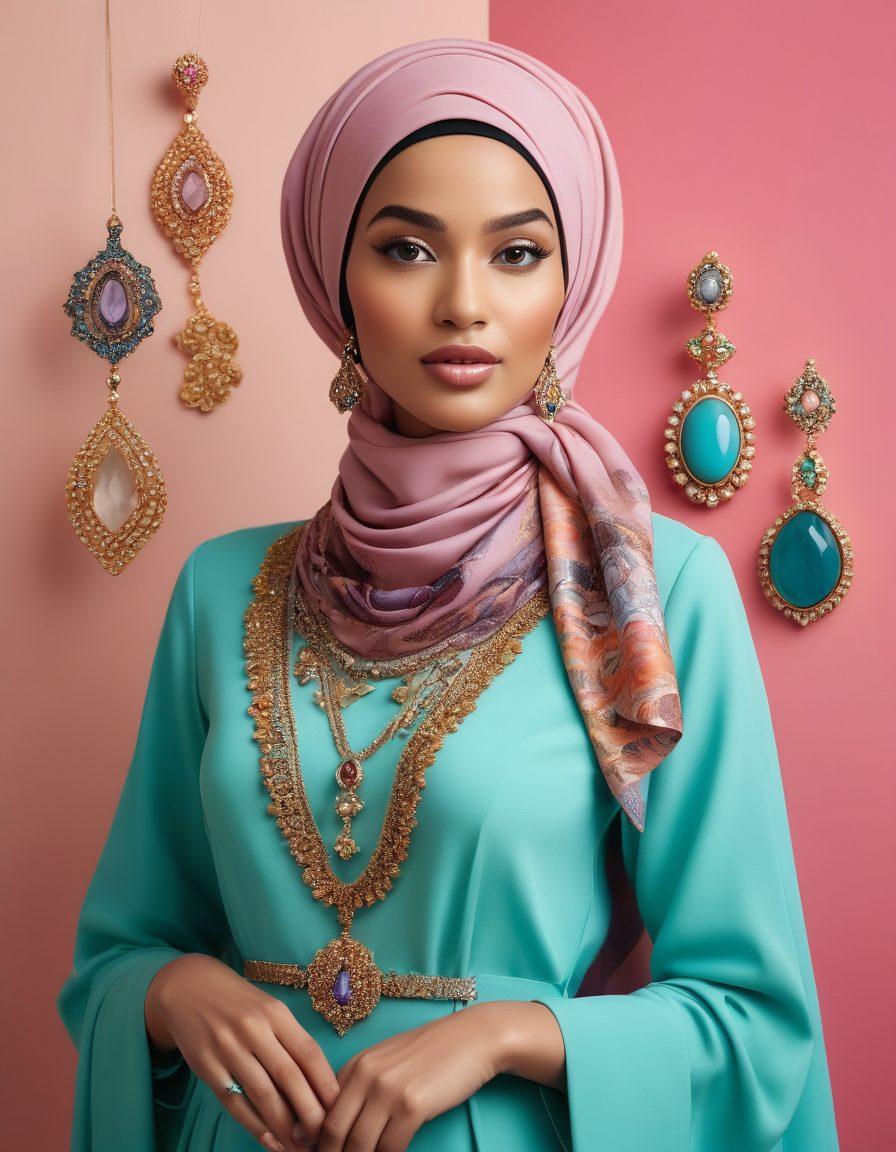 A stylish woman showcasing a range of chic hijab styles, from classic wraps to contemporary designs, surrounded by elegant accessories like brooches and statement earrings, set against a backdrop of an upscale fashion boutique. Bright and inviting colors fill the space, creating a sense of warmth and sophistication. Incorporate elements of fashion sketches and fabric swatches floating around her to add a creative flair. elegant fashion photography. vibrant colors. soft focus.
