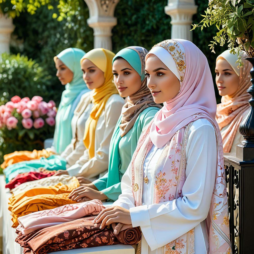 A beautifully arranged display of stylish hijabs in various fabrics and patterns, surrounded by seasonal accessories like scarves and floral pins. Soft pastel colors with intricate embroidery can be showcased to highlight elegance. The background features a subtle, elegant setting like a minimalist boutique or a blooming garden. Sunlight filtering through, creating a warm and inviting atmosphere. super-realistic. vibrant colors. soft focus.